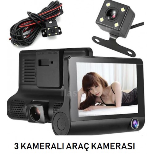 3 Kameralı 1080p Full HD 4 İnç Araç İçi Kamera